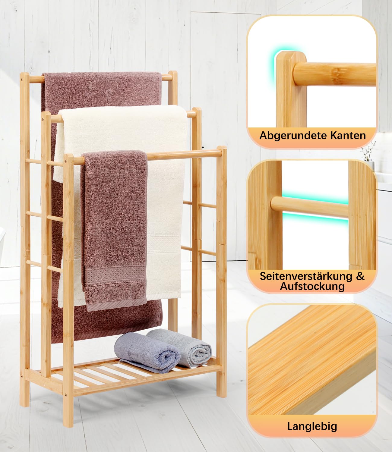 Portasciugamani in bambù con ripiano, portasciugamani indipendente, scaletta portasciugamani con 3 aste, bagno, soggiorno, salvaspazio (altezza 86 cm)