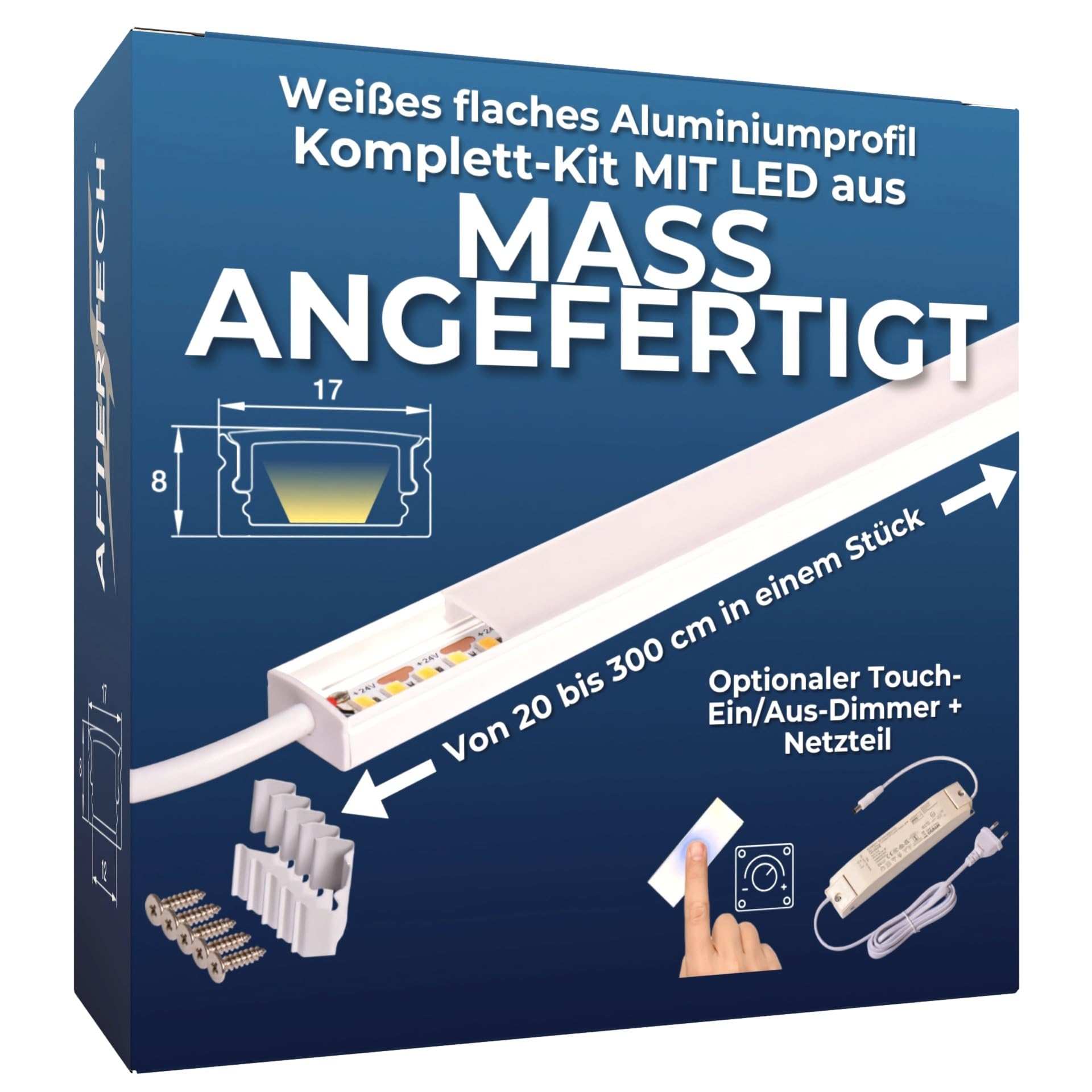 AFTERTECH LED-Leiste Aluminiumprofil FLACH WEISS NACH MASS maßgefertigt nach Zentimetermaß von 20 bis 300 cm in einem EINZELNEN Stück – STARKES LICHT 19,2 W/m 180 LED/m ANPASSBAR Küchenunterschrank
