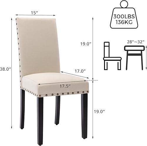 Miniatura 2 de Juego de 2 sillas de comedor de madera, sillas auxiliares de cocina tapizadas de tela moderna, silla de respaldo alto con clavos de cobre (beige)