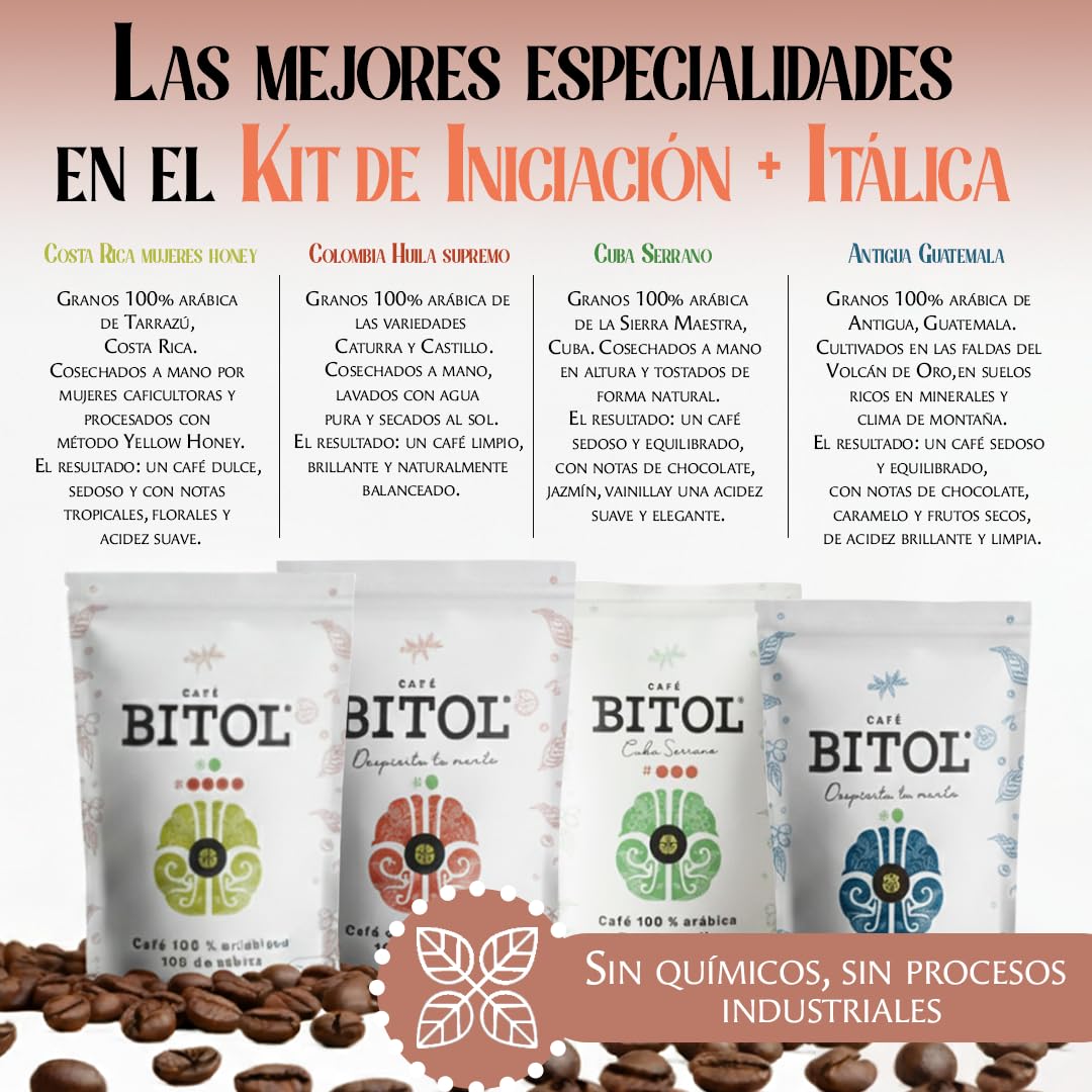 Kit de Iniciación + Itálica BITOL 4 Cafés de Especialidad 100% Arábica (Colombia, Guatemala, Cuba y Costa Rica) 4 x 500 g + Molinillo Manual y Cafetera Moka | Notas de Caramelo y Frutos Secos