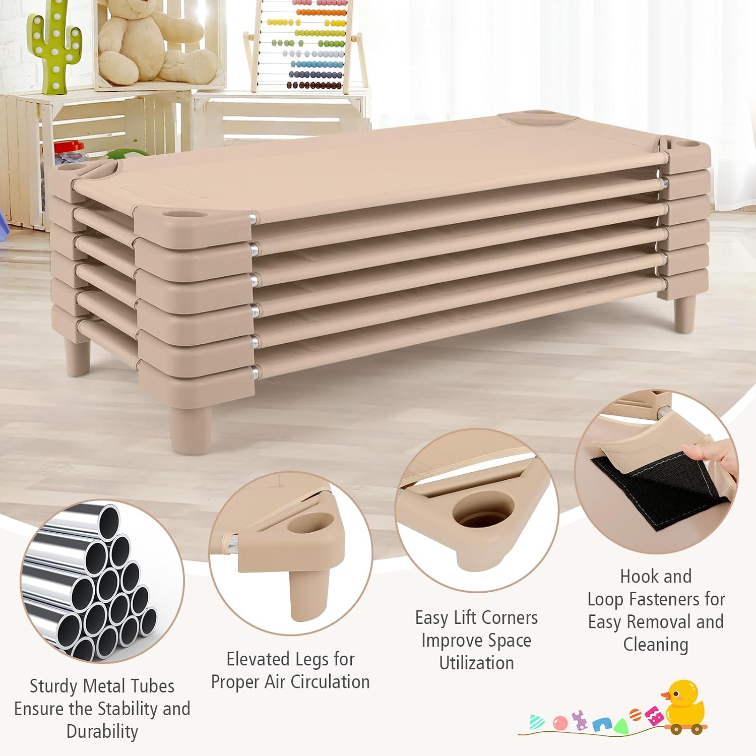 KOTEK Stackable Sleeping Daycare Cots for Kids, Portable Toddler Nap Cots, 52" L x 23" W, Ready-to-Assemble, Space-Saving Children Naptime Cot for Classroom Preschool (Set of 6, Sand)