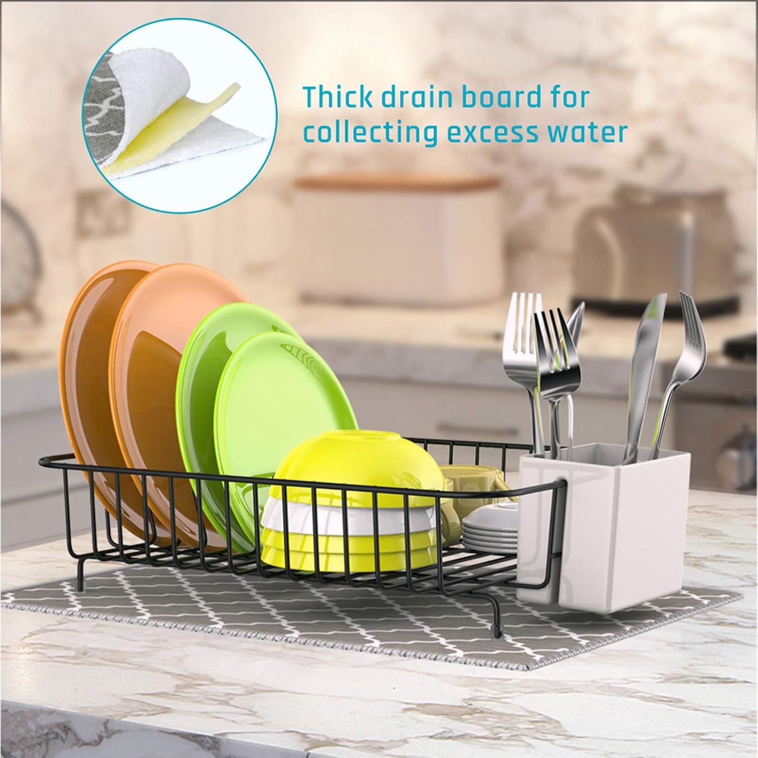 Dish Drying Rack, iSPECLE Dish Rack with Utensil Holder, Microfiber Dish Drainer Mat with Dish Rack Wire for Kitchen Counter Top, Black Color Polished Anti Rust Dish Holder