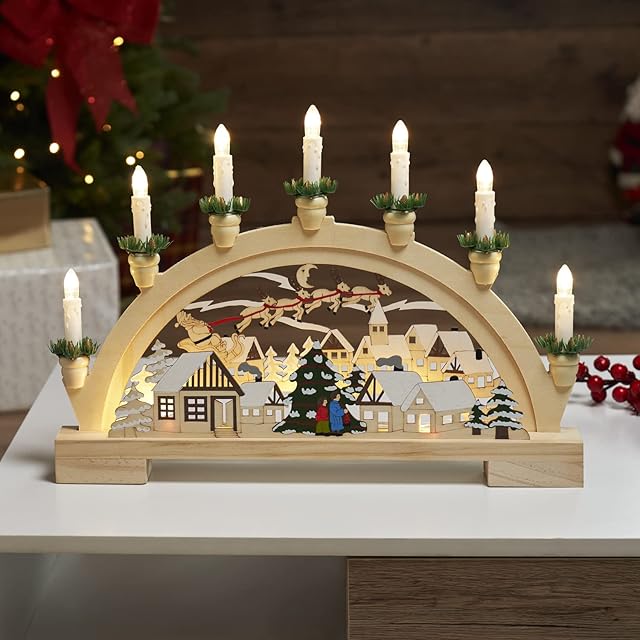 GloBrite Wooden Candle Bridge Decoration with 7 Warm White LED Candles - Indoor Christmas Window Decor, Battery Operated - 45cm x 32cm x 5cm