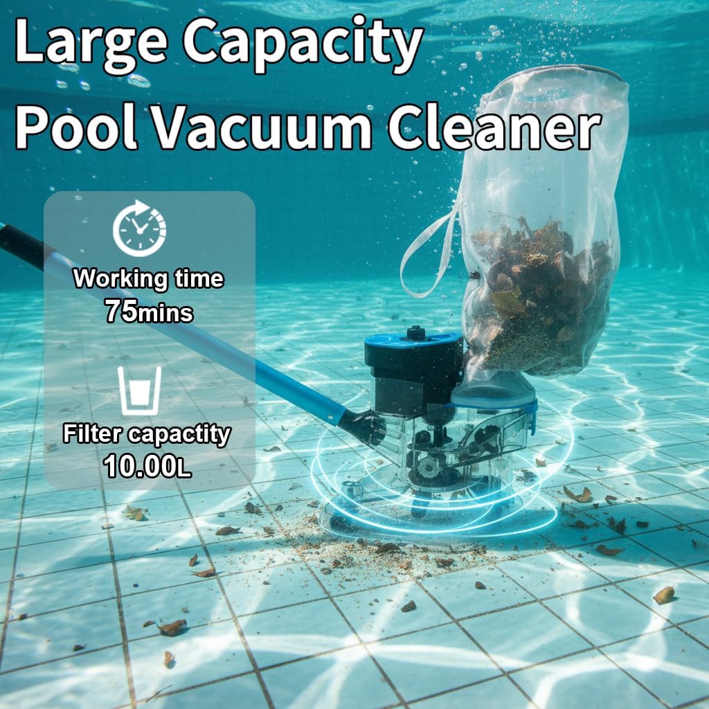 55 High-Power Cordless Pool Leaf Vacuum Cleaner for Inground & Above Ground Pools | MAX 75-Min Runtime, XL 24 GPM Suction for Heavy Debris | Includes 2 Extra Large (10L) Filter Bags
