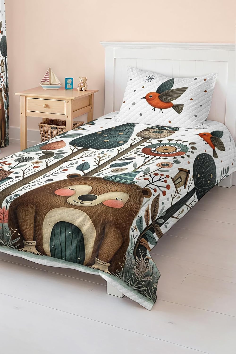 SODEF Bedding Set Twin Size Cute Bear and Tree Design Kids Room Quilt Set Breathable Cotton Polyester Blend 2 Piece Set Blue Theme - Blue, One Size