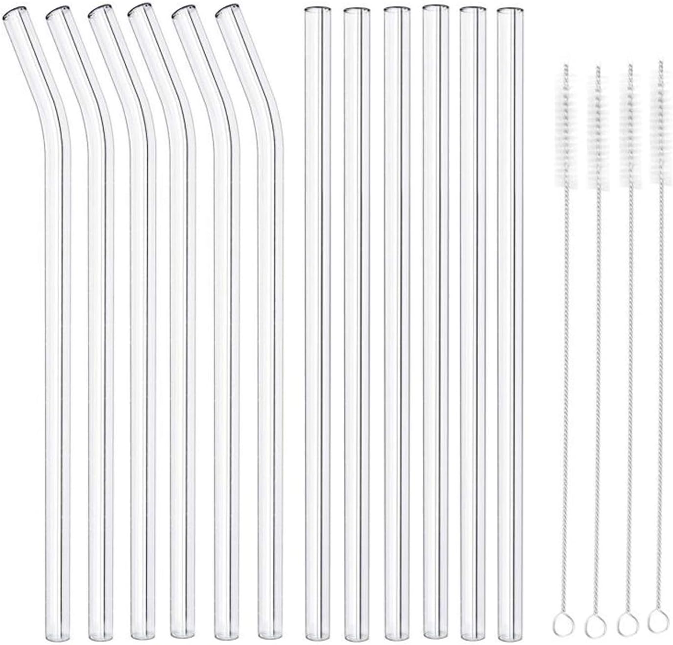 MIXIAO Glass Drinking Straws Straight Handmade Reusable Clear Straws Set of 12 with 4 Brushes - Healthy Eco Friendly Free of BPA Glass Straws (Transparent, 6 Straight 6 Bent)