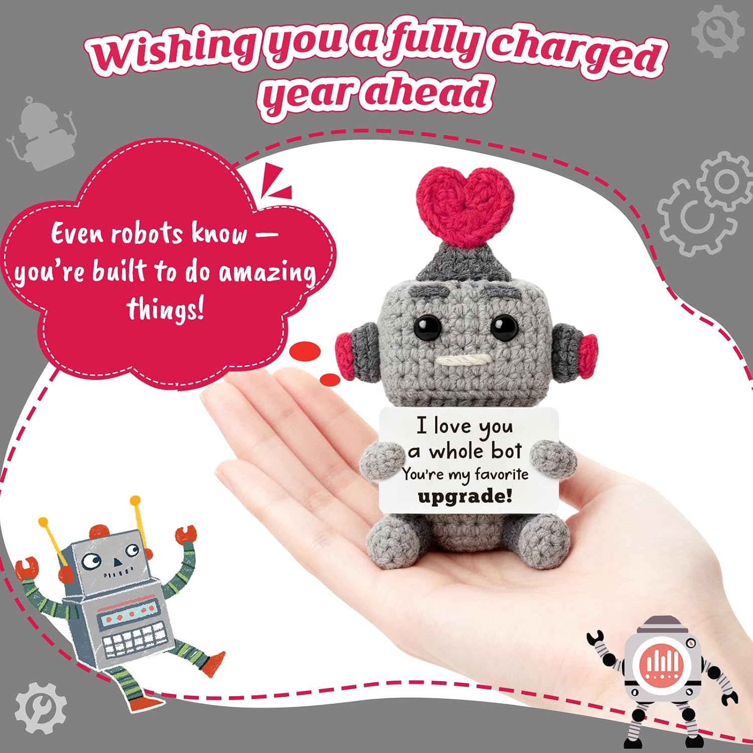I Love You Gifts for Boyfriend Girlfriend Him Her - Christmas Stocking Stuffers Gifts for Women Men, Anniversary Valentines Birthday Xmas Presents for Husband Wife - Handmade Crochet Robot
