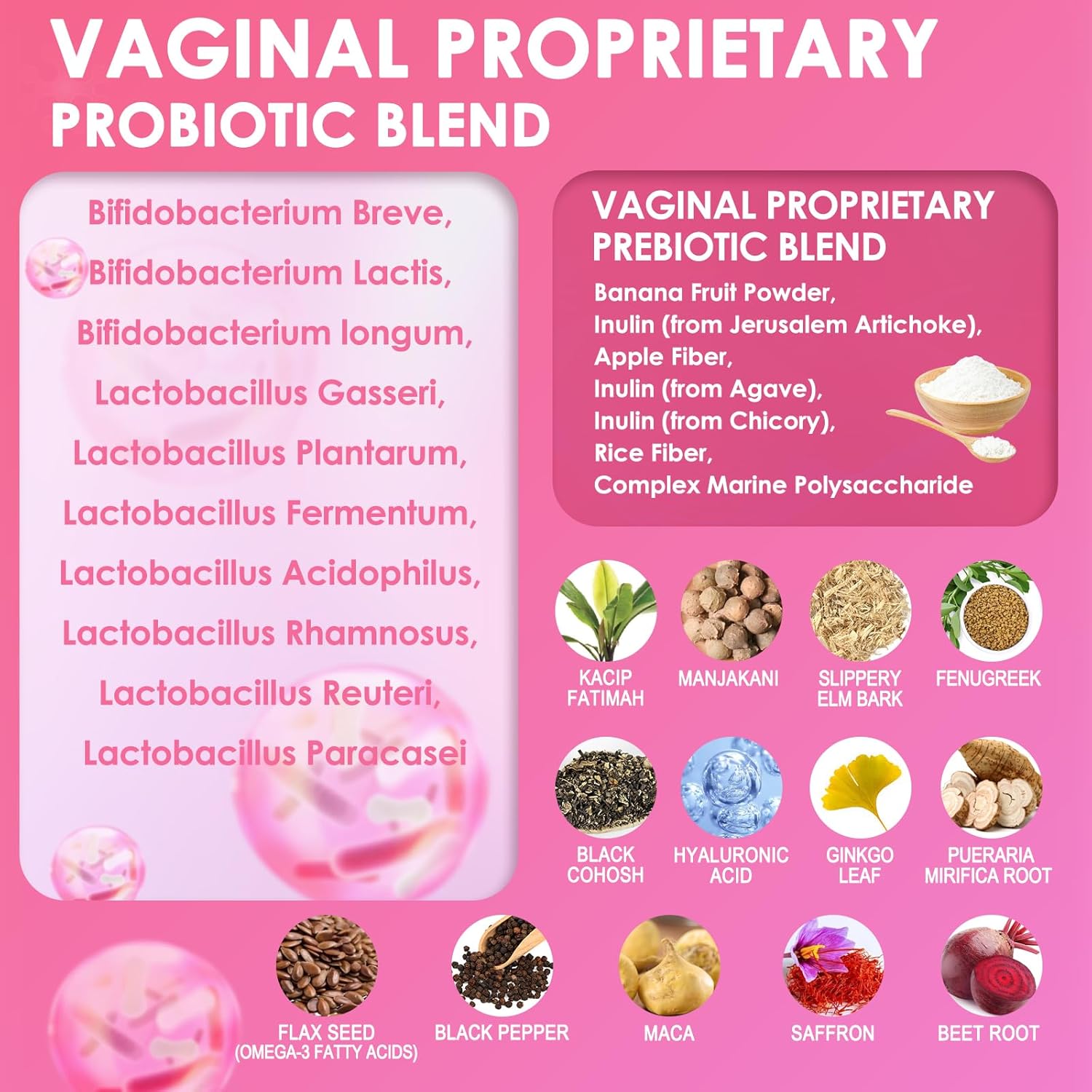 Vaginal Probiotics for Women Vaginal Moisturizer, pH, Odor, Flora, Hormones, Comfort, Mood & Relaxation, 30-in-1 Vaginal Moisture Plus with Slippery Elm Bark, Hyaluronic Acid, Fenugreek - 120 Caps - Image 3