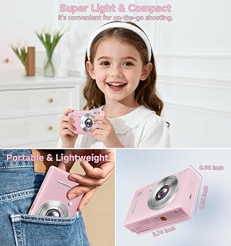 Digital Camera, 44MP FHD 1080P Point and Shoot Digital Camera with Anti Shake, Small Digital Camera with Face Detect, 32GB SD Card, 16X Zoom Camera for Kids, Teens, Boys, Girls Pink