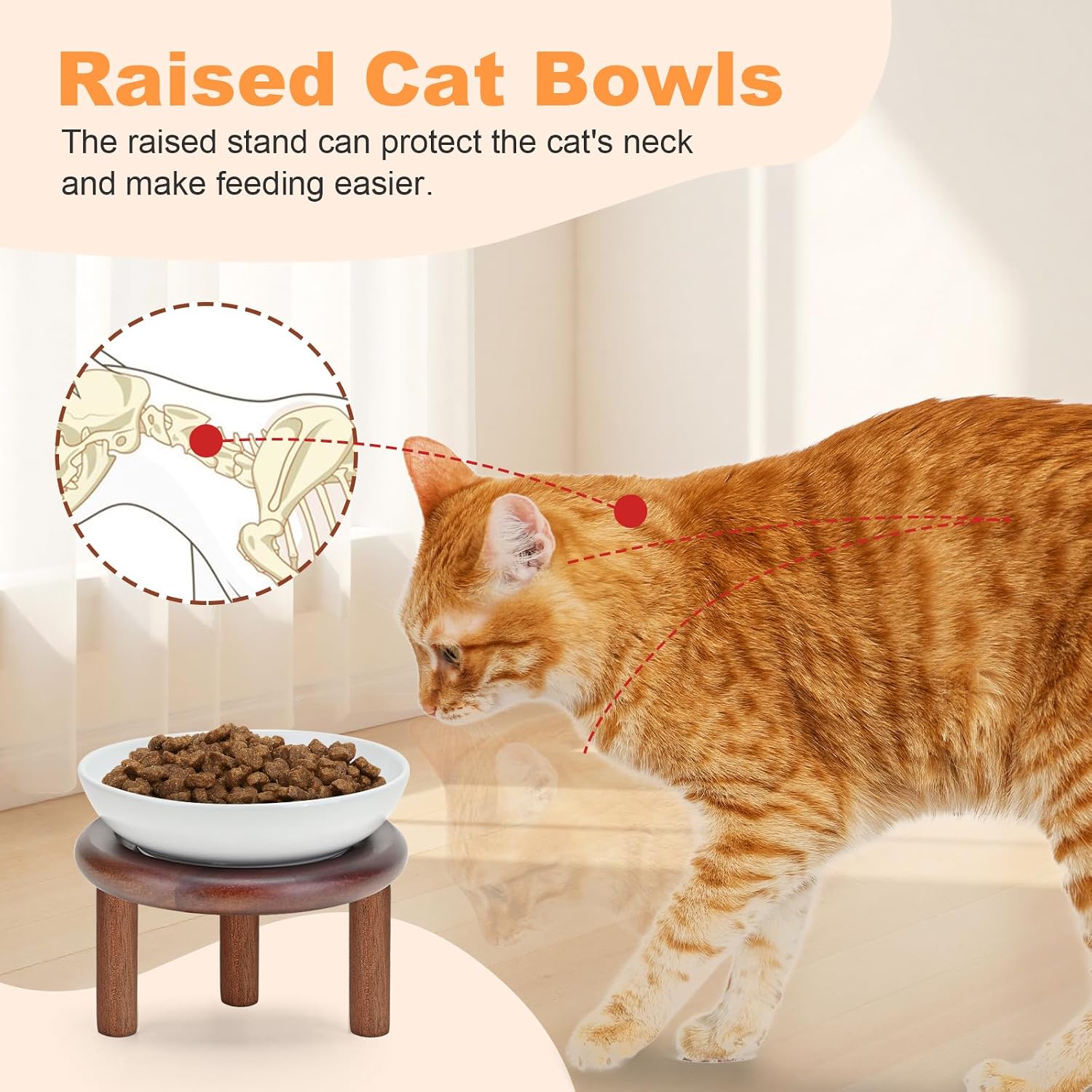 SPUNKYJUNKY Extra Wide Elevated Ceramic Cat Bowl with Acacia Wood Stand Whisker Friendly (Cat Paw Pattern, 2 Pack, White)