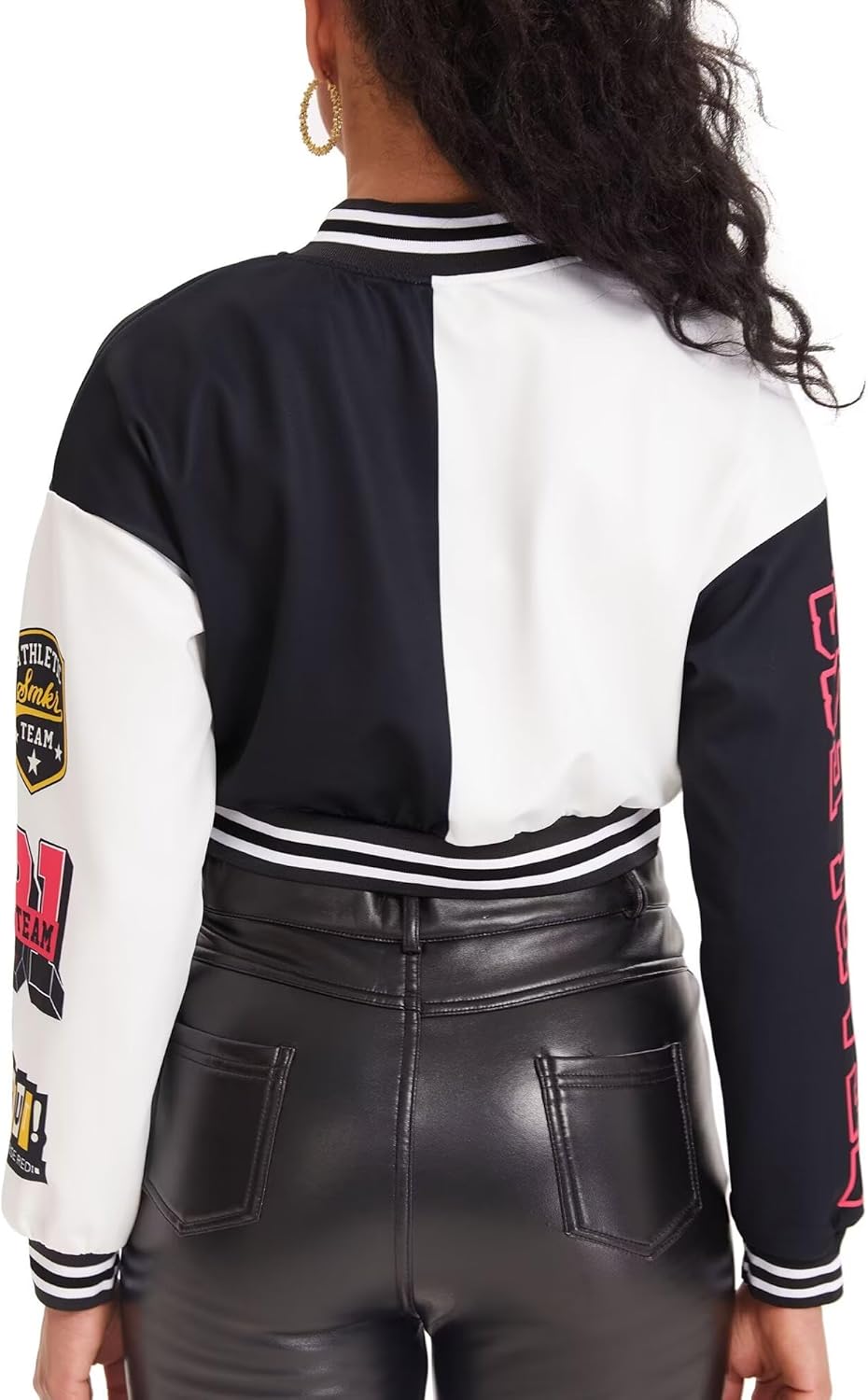 babyhealthy Womens Crop Varsity Jacket Stitched Leather Baseball Bomber Jacket Y2K Streetwear Short Coat - Image 3