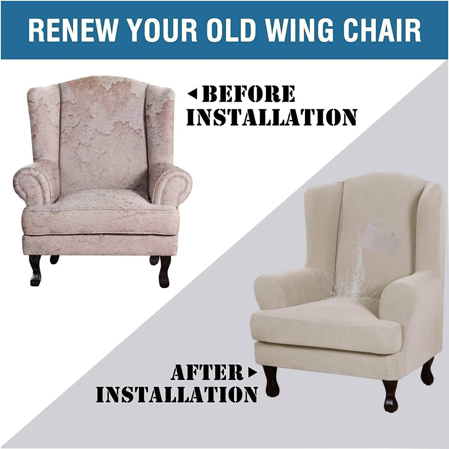 Water Resistant Wingback Chair Sofa Slipcover, Non-Slip Sofa Cover Waterproof Armchair Slipcover Small Checked Jacquard Fabric Furniture Protector-4