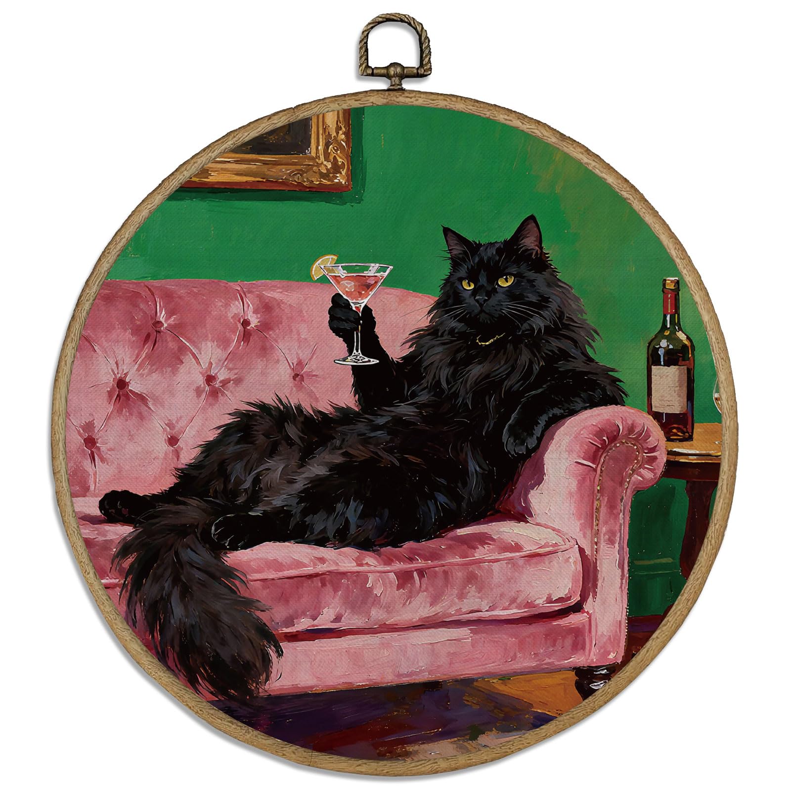 DELORIGIN Funny Black Cat Framed Wall Art Decor 10" Vintage Round Canvas Wall Art with Vintage Hooks Cocktail Hanging Artwork Prints for Living Room Hallway Stairs Porch Decoration
