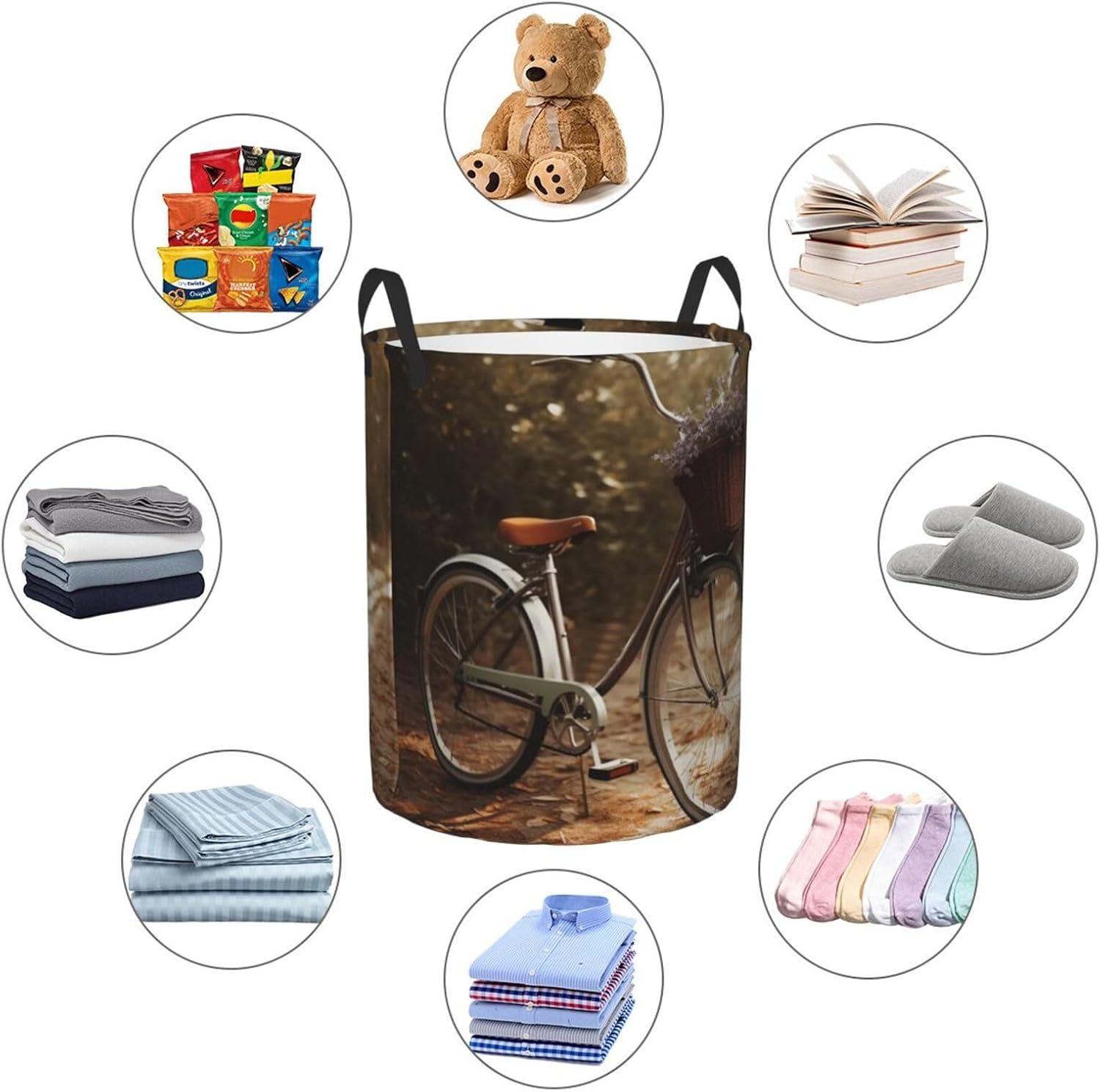 bicycle print Circular Hamper Waterproof Storage Bin Organizer Basket Laundry Hamper With Handles For Clothes Toys Small