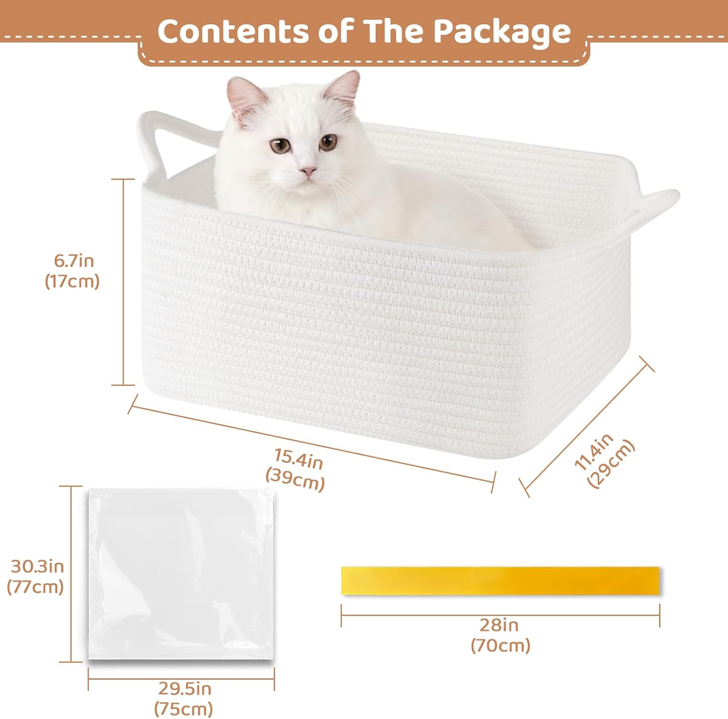 OIASKET Empty Gift Baskets for Baby Shower, 15.4"L x 11.4"W x 6.7"H Cute Woven Storage Basket with Gift Bags and Ribbons, Small Rope Toy Basket with Handles, Cat Dog Pet Toy Organizer - Small White