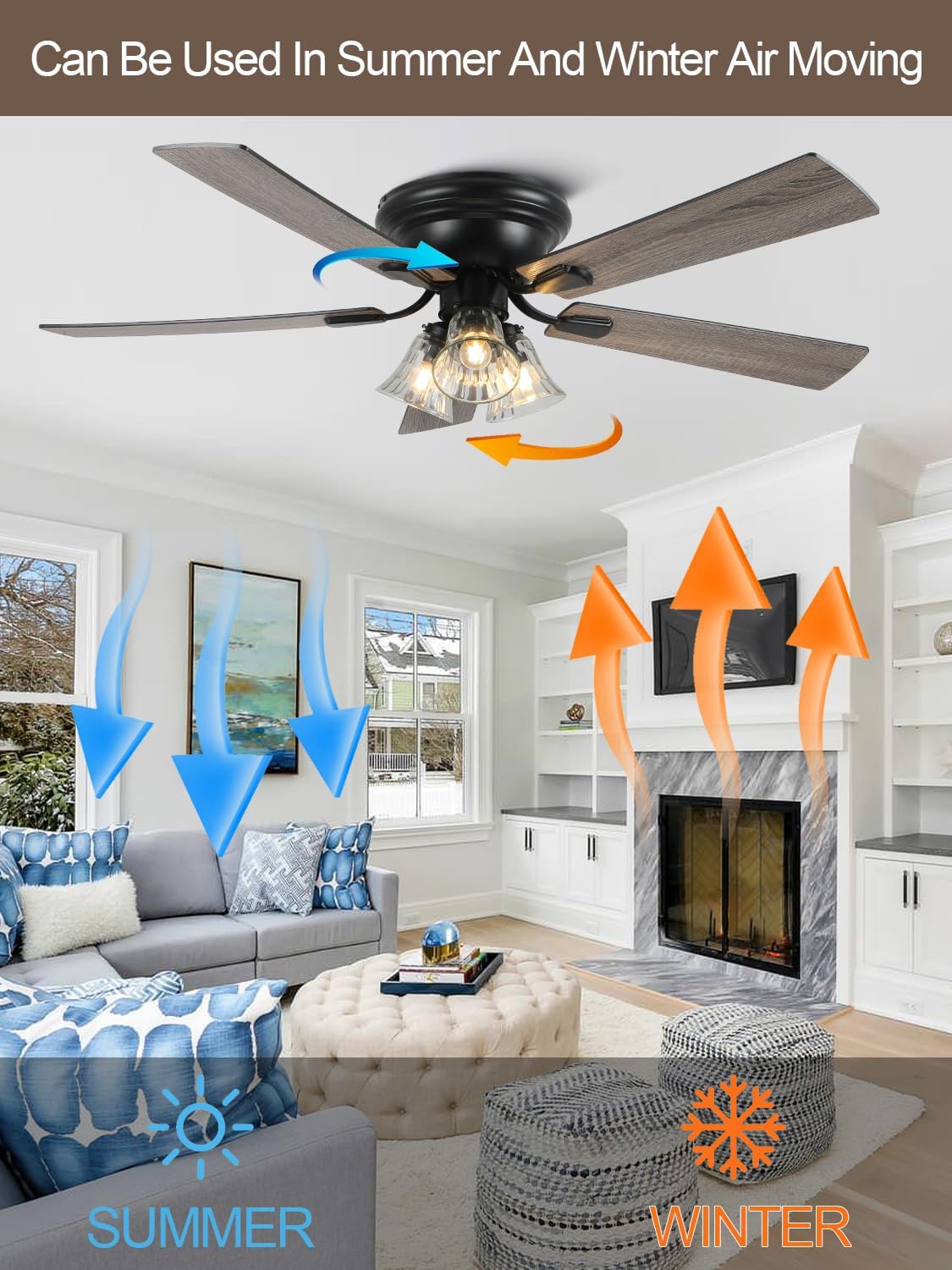 52 Inch Vintage Ceiling Fan with Lights Flush Mount Antique Ceiling Fan Rustic Chandelier Farmhouse Fandelier for Bedroom Living Room, 3 E26 Bulbs Reversible 6 Speeds