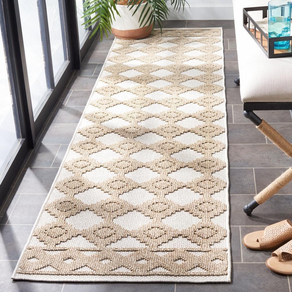 SAFAVIEH Washable Rug Outdoor Global Collection - 2'2" x 8' Runner, Beige & Light Beige, Non-Shedding & Easy to Clean, Ideal for Patio, Backyard, Mudroom (GLB208C)