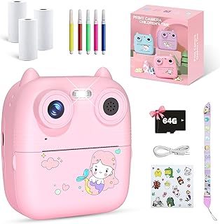 كاميرا ديجيتال للأطفال للبنات والأولاد - كاميرا أطفال للطباعة الفورية بدقة 2.5K UHD مع بطاقة SD سعة 64 جيجابايت وورق طباعة الصور، وشاشة 2.4 بوصة لتسجيل فيديو سيلفي، قابلة لإعادة الشحن