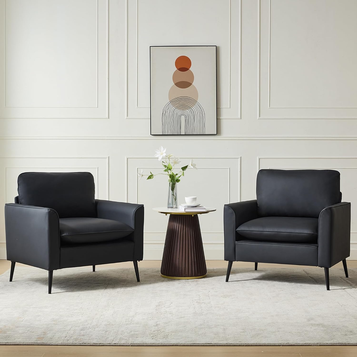 TYBOATLE Accent Chairs Set of 2, Black Faux Leather Chairs, Mid Century Modern Comfy Living Room Chairs, Cozy Office Reading Chair, Reception Armchairs for Bedroom, Waiting Room