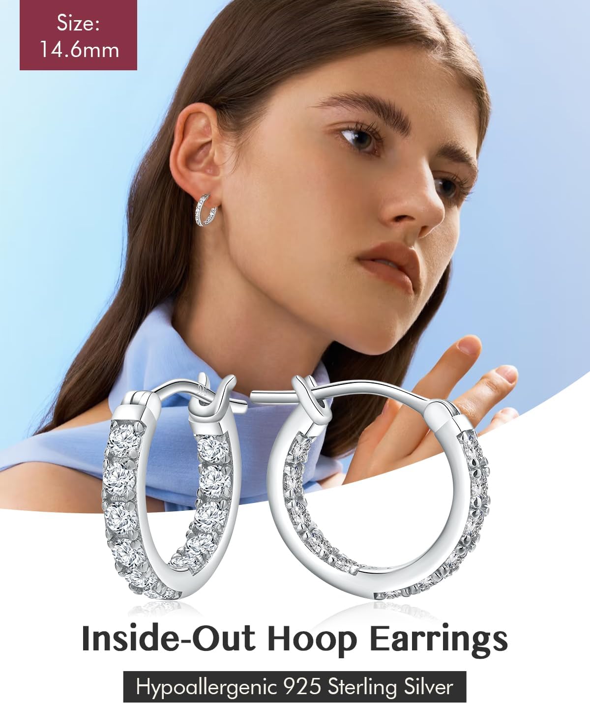 DAYBYDAY Cubic Zirconia Hoop Earrings for Women, Hypoallergenic 925 Sterling Silver/14k Gold Plated Inside Out Hoop Earrings 15mm/20mm/26mm, Created Diamond Small/Medium/Large Hoops