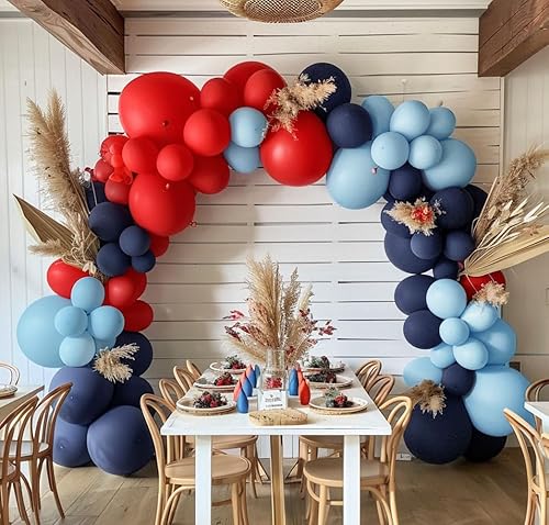 Miniatura 8 de Guirnalda de globos azul marino y rojo de doble relleno, globo azul macarrón rojo real, kit de arco de globos de látex rojo de alta calidad para