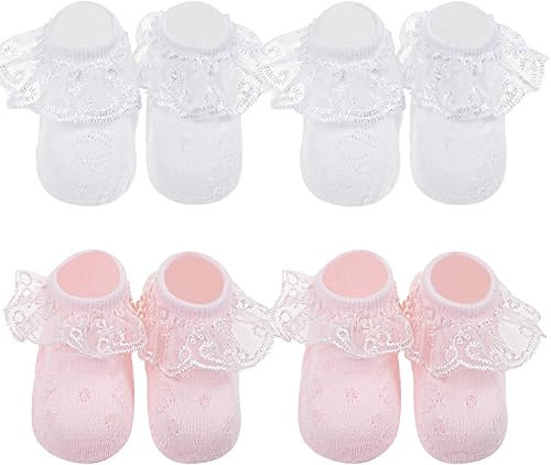 Miniatura 7 de DRESHOW Calcetines de bebé para niñas con ojales y volantes de encaje, calcetines de vestir para recién nacidosbebésniños pequeñosniños para niña