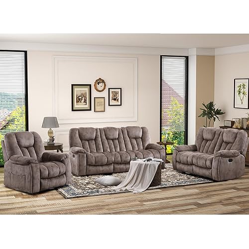 EBELLO 3 Pieces Recliner Sofa Furniture Set, Manual Recliner Chair with Massage and Heat, Loveseat and 3 Seat Reclining Couch Set for Living Room, Light Brown