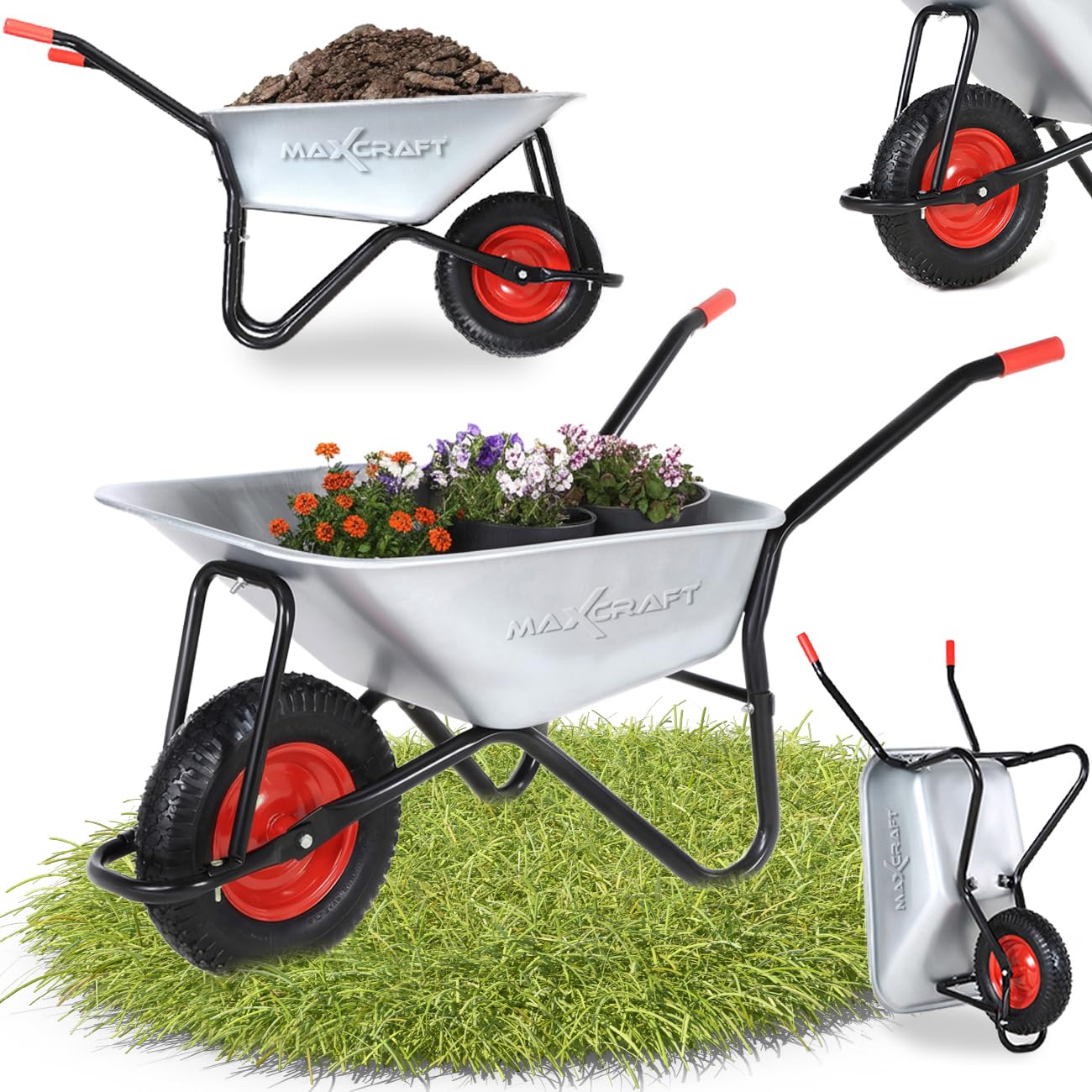 Carretilla Carga 250 kg 100 L Carro de Transporte Aire Neumáticos Jardin Empuñadura de Goma - Negro