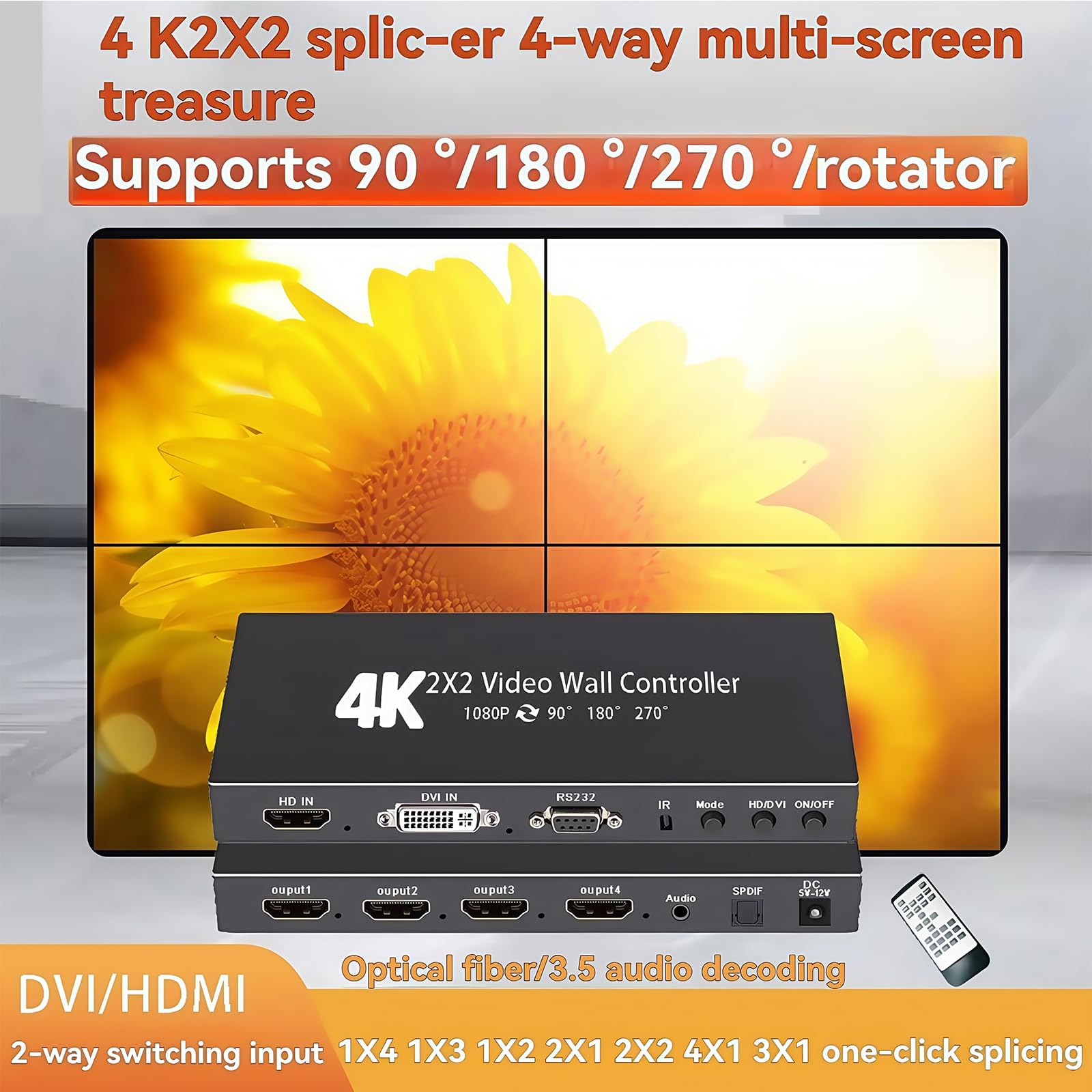 4K Videowand Prozessor mit 4 HDMI Ausgängen, 2x2 Wandaufbau, 90/180/270° Rotation & Audio Extraktor