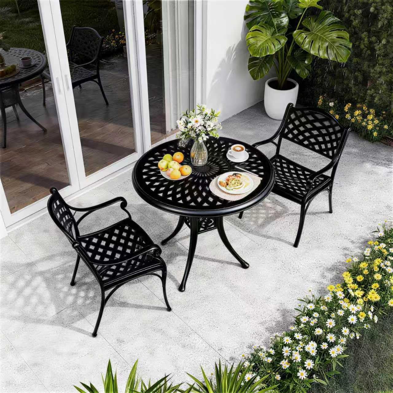 PATIO-IN 30.31" Outdoor Table and Chairs, Patio Table Set with 2.36" Umbrella Hole, Anti-Resistant Outdoor Dinning Set, Cast Aluminum Patio Furniture