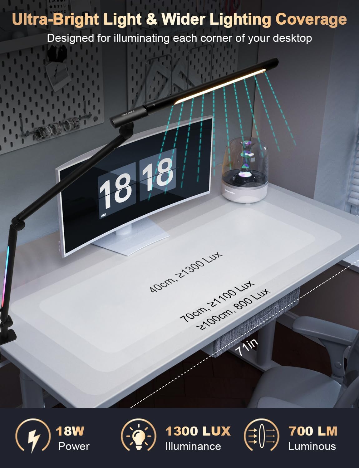 LED Desk Lamp with Clamp, Adjustable Swing Arm RGB Desk Light with Remote, Eye-Caring 4 Modes Stepless Dimming Lamp for Home Office Reading Study Gaming