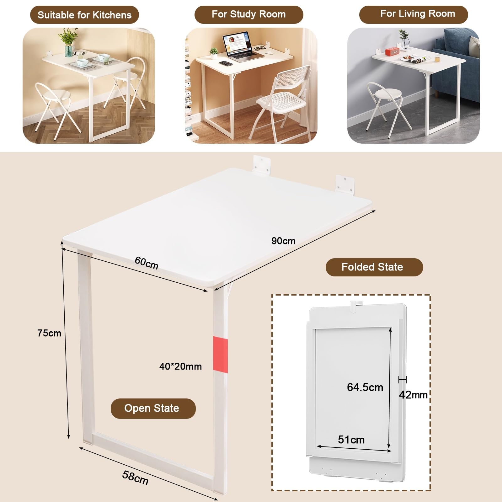 Tavolo Pieghevole a Muro Cucina 90×60cm Semplice Tavolo Da Parete Salvaspazio Tavolo Da Cucina Balcone Bianco Tavolo Da Pranzo