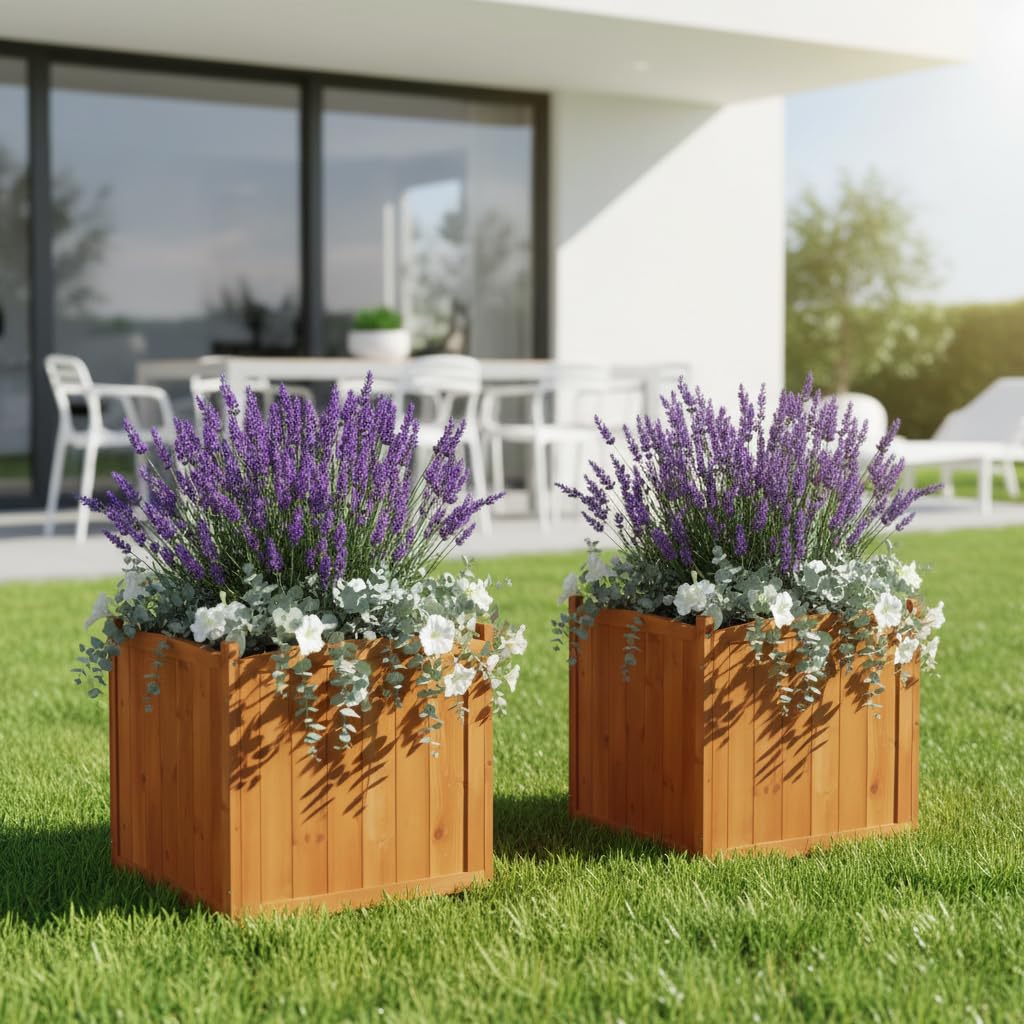 Mucola 2er Set Pflanzkübel Holz 50×50×50 cm – Blumenkästen aus Fichtenholz mit Schutzfolie, eckiger Pflanzkasten für Garten, Terrasse & Balkon – XXL Outdoor-Blumenkübel im Landhausstil