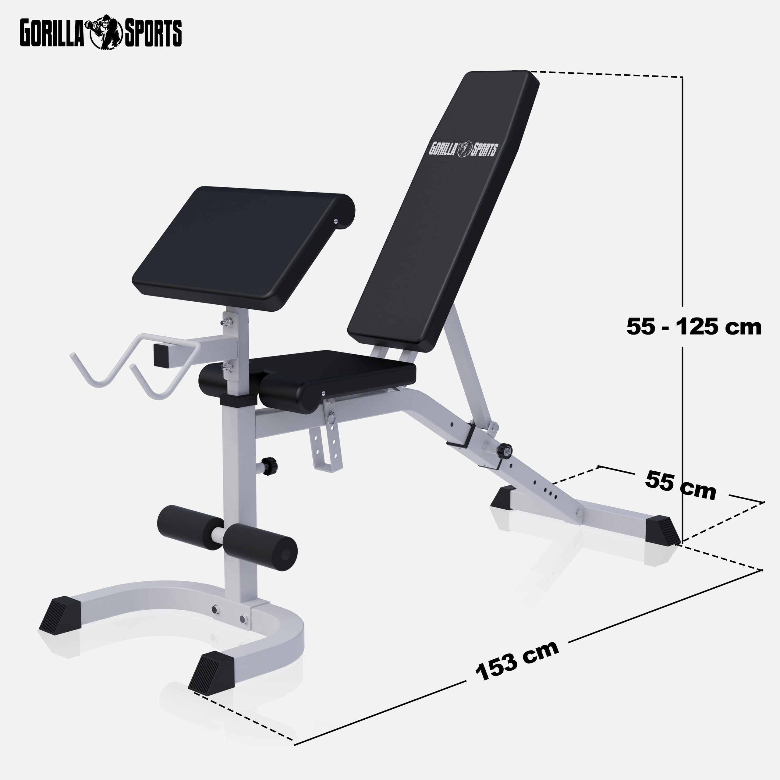 GORILLA SPORTS® Panca Palestra - Multifunzione, Regolabile, Piana, Inclinabile, con Supporto Curl per Braccia, Nero - Panca Pesi Inclinata, Allenamento a Casa, Addominali, Home Gym
