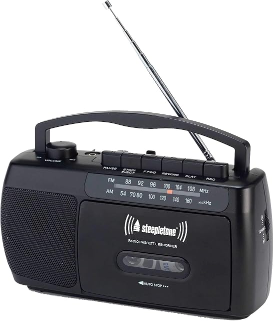 Steepletone SCR209 Portable MW-FM Radio Cassette Tape Player Recorder with Built In Microphone - Black