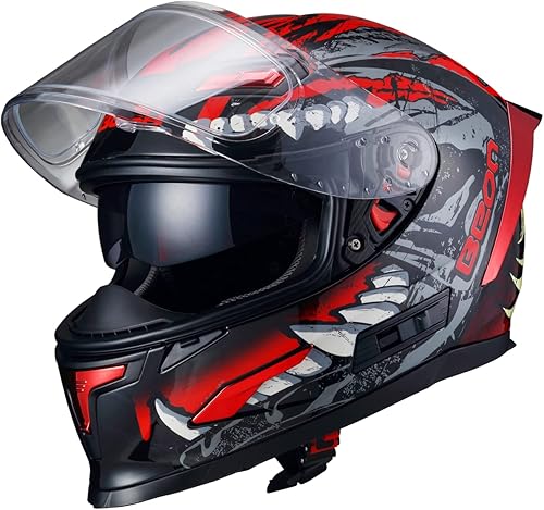 BEON Casco de motocicleta de cara completa, casco de bicicleta de calle con viseras transparentes y tintadas y múltiples rejillas de ventilación,