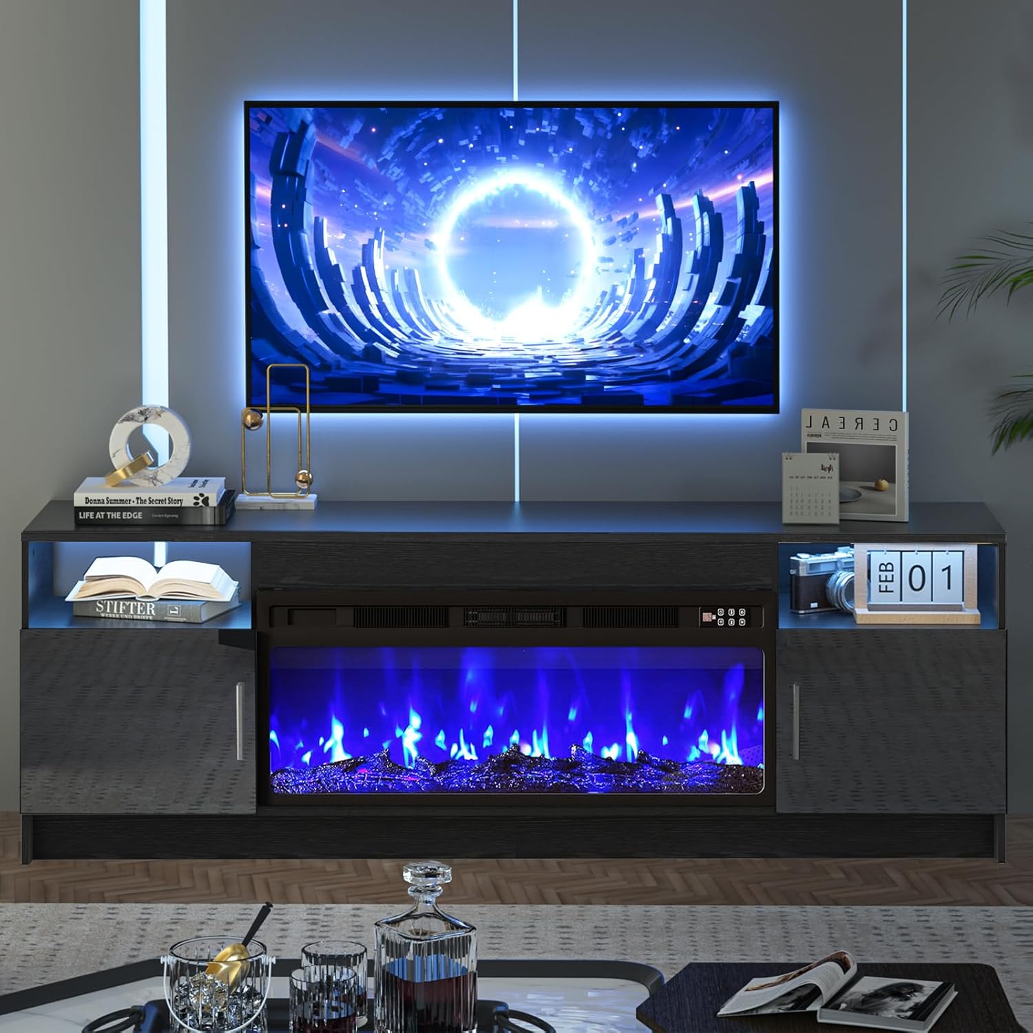 Kucreiheat Black TV Stand with Fireplace, Led Lights-Entertainment Center for Up to 80 inch TV-Modern TV Console for Living Room with Storage Cabinet, Faux Log Fireplace TV Stand