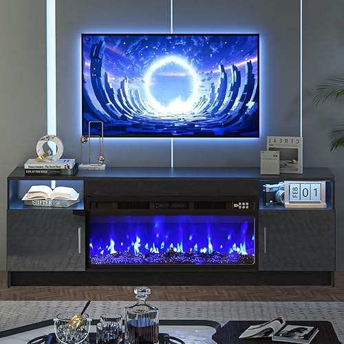 Miniatura 7 de Soporte de TV negro con chimenea, luces LED, centro de entretenimiento para TV de hasta 80 pulgadas, consola de TV moderna para sala de estar con