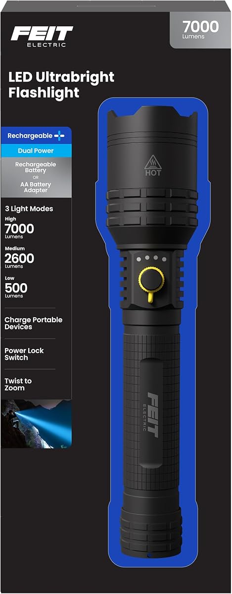 Feit Electric Flashlight - 7000 Lumens LED, Rechargeable & AA Battery Compatible