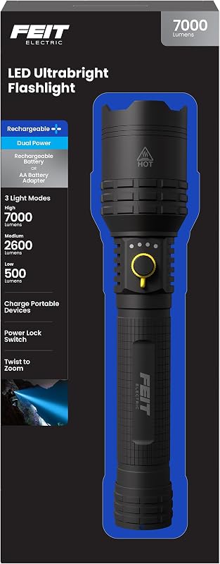 Feit Electric Flashlight - 7000 Lumens LED, Rechargeable & AA Battery Compatible