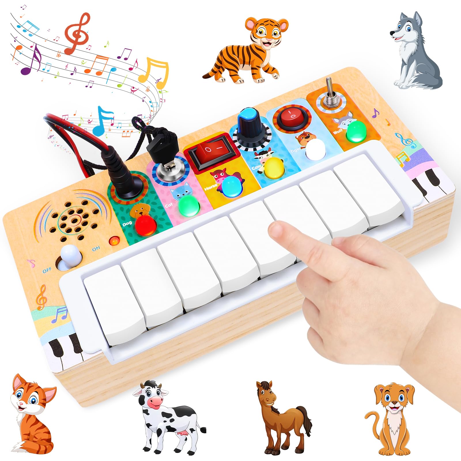 Atoylink Tablero Montessori para Niños 1 2 3 4 Años Juguetes Sensoriales con Interruptores,Piano Infantil,LED,Bebe Busy Board Madera Panel Tablero Sensorial Juegos Educativos Regalo Niños Niñas