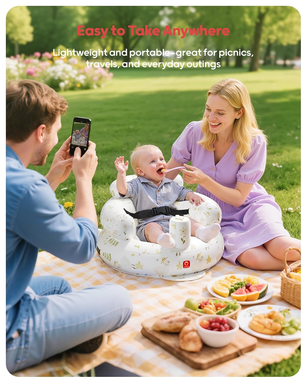 QPAU Inflatable Baby Seat with Safety Harness for Babies 3 Months & Up, Baby Floor Seats for Sitting Up, Baby Seats for Infants, Blow Up Baby Chair with Built in Air Pump (Flowers)