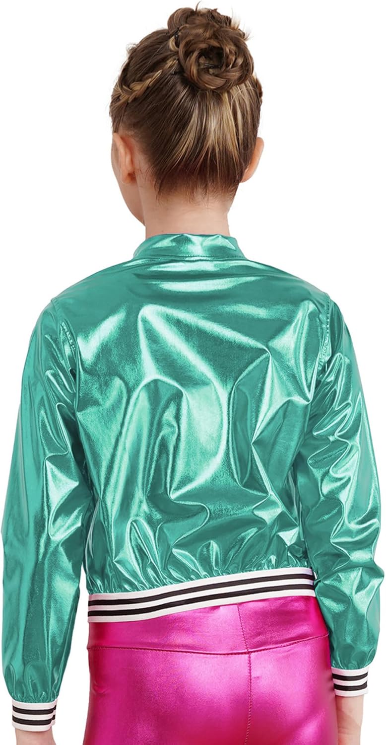 MSemis Kids Girls Sparkly Metallic Bomber Jacket Lightweight Long Sleeve Top Outerwear Jazz Hip Hop Dance Costume