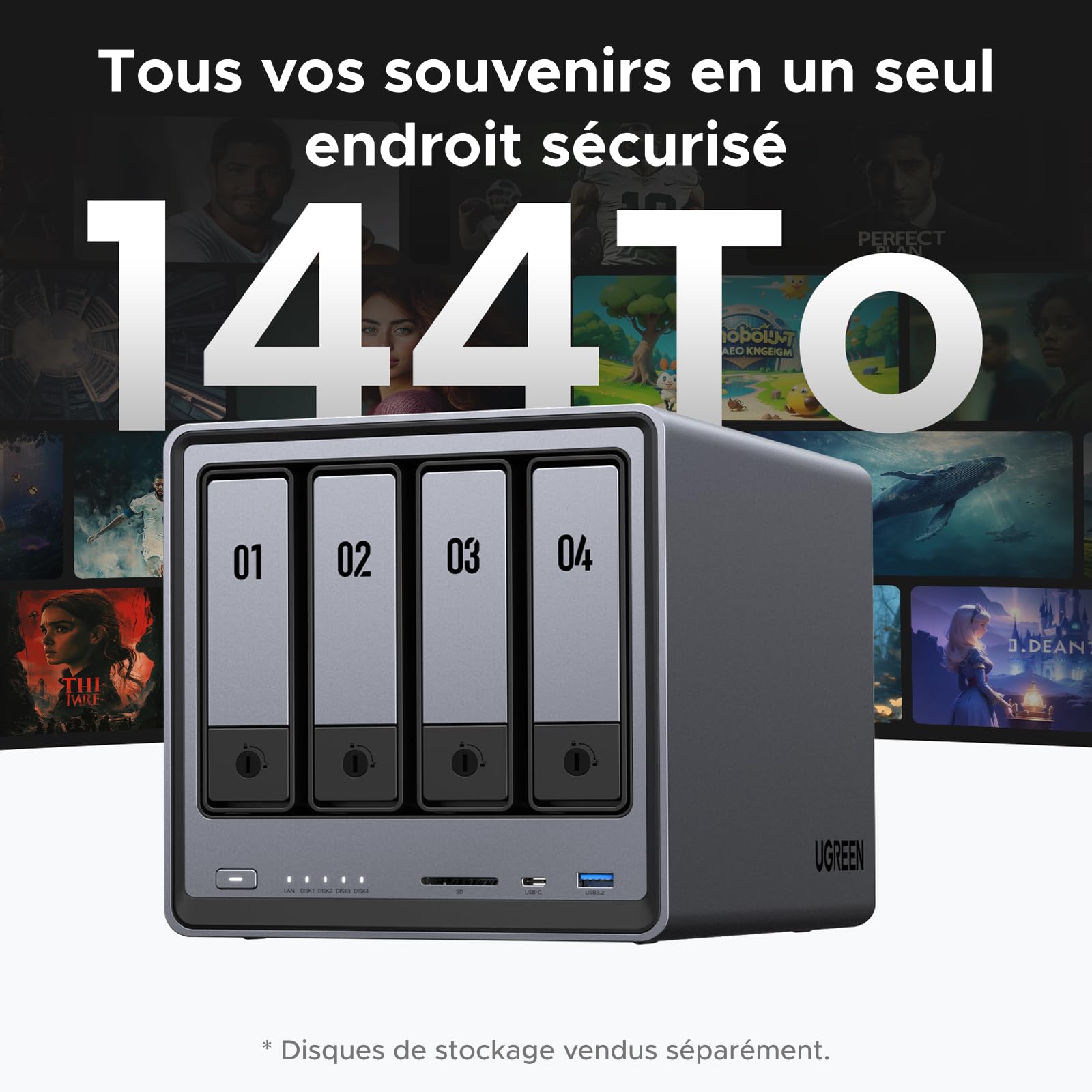 UGREEN NASync DXP4800 Plus, NAS 4 Baies, Intel Pentium Gold 8505 (5 cœurs), 8Go DDR5, 128Go SSD, 10GbE + 2,5GbE, 2 emplacements M.2 NVMe, HDMI 4K (sans Disque)