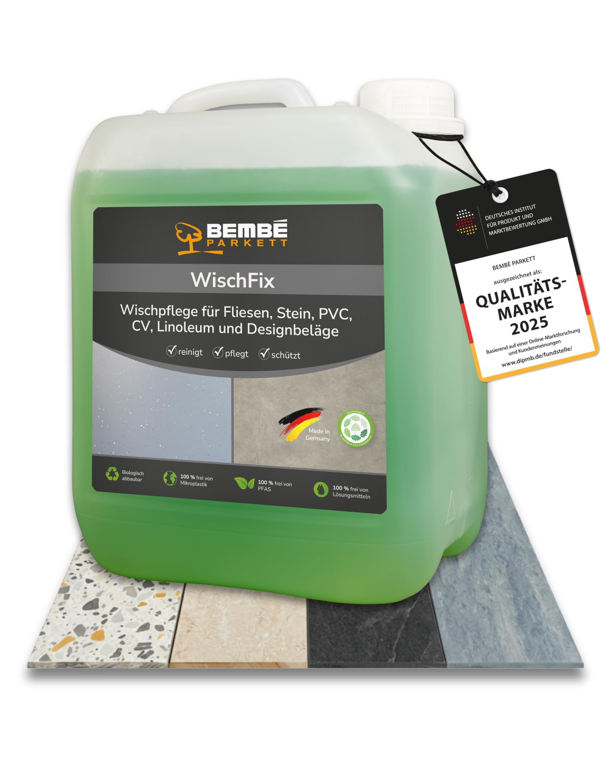 Bembé WischFix I 5 Liter I Wischpflege für PVC, CV, Linoleum & Designbeläge I Bodenpflege für wasserfeste Hartböden I Seidenglänzend, wasserabweisend & gleithemmend I High-Speed polierbar