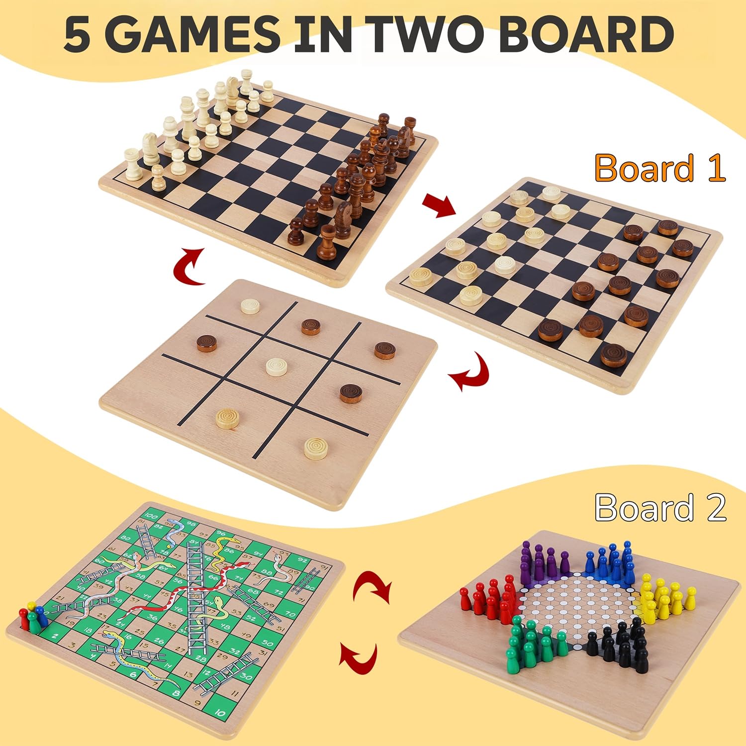 Glintoper Tavole di legno reversibili 5 in 1 per scacchi, dama, dama cinese, serpenti e scale, Tic Tac Toe, giochi da tavolo classici da viaggio portatili per bambini dai 6 anni in su