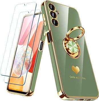 for Samsung Galaxy A14 5G Case with 2 Pack Screen Protector, 360 Rotatable Ring Holder [Luxury Hearts Pattern] Plating Gold Edge Slim Soft Phone Cover Case for Galaxy A14 - LightGreen