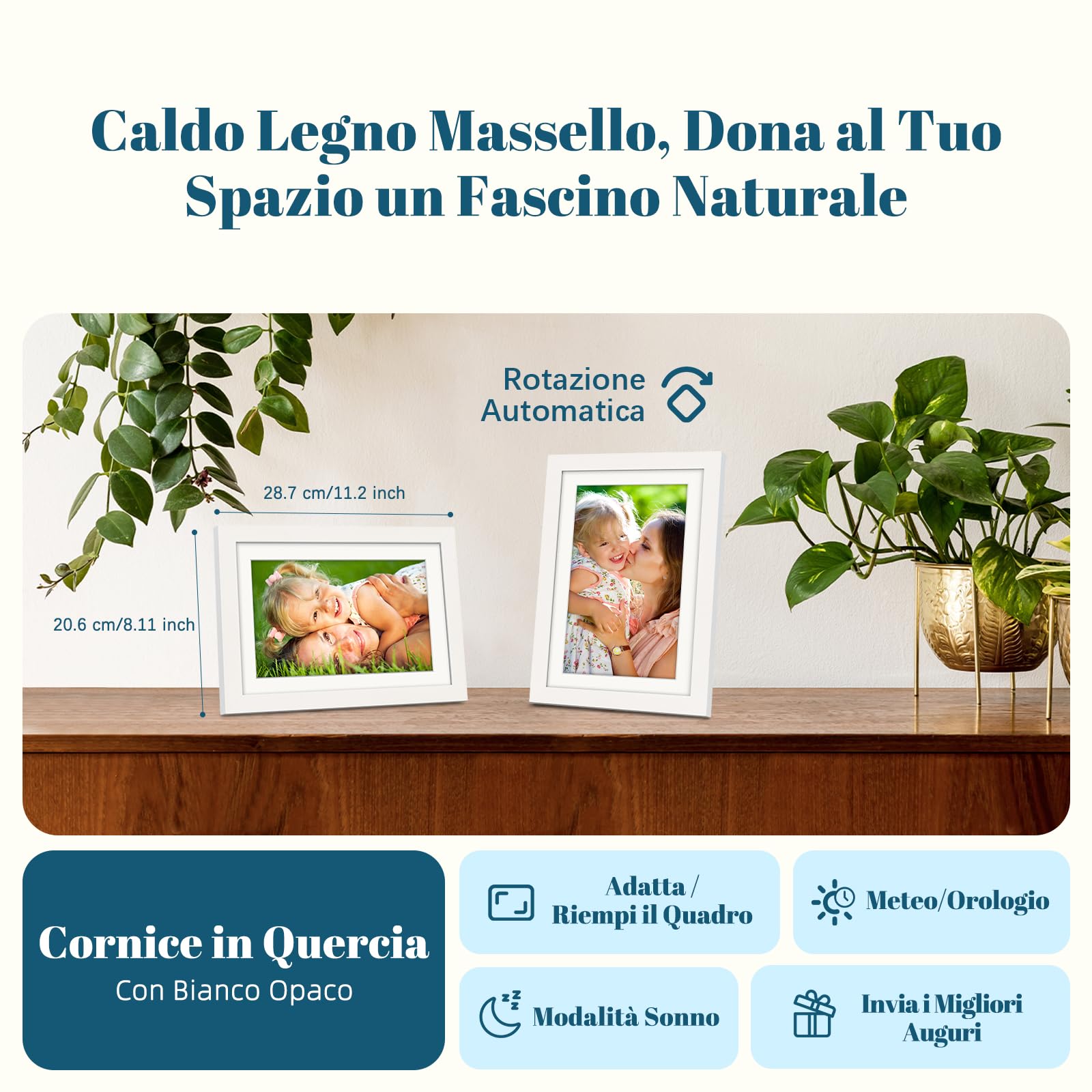 Cornice Digitale WiFi 10,1 Pollici 1280 x 800 HD IPS Touch Screen Memoria 32 GB Portafoto Digitale in Rovere di legno Rotazione Automatica Condividi Foto e Video con App Uhale/USB/SD