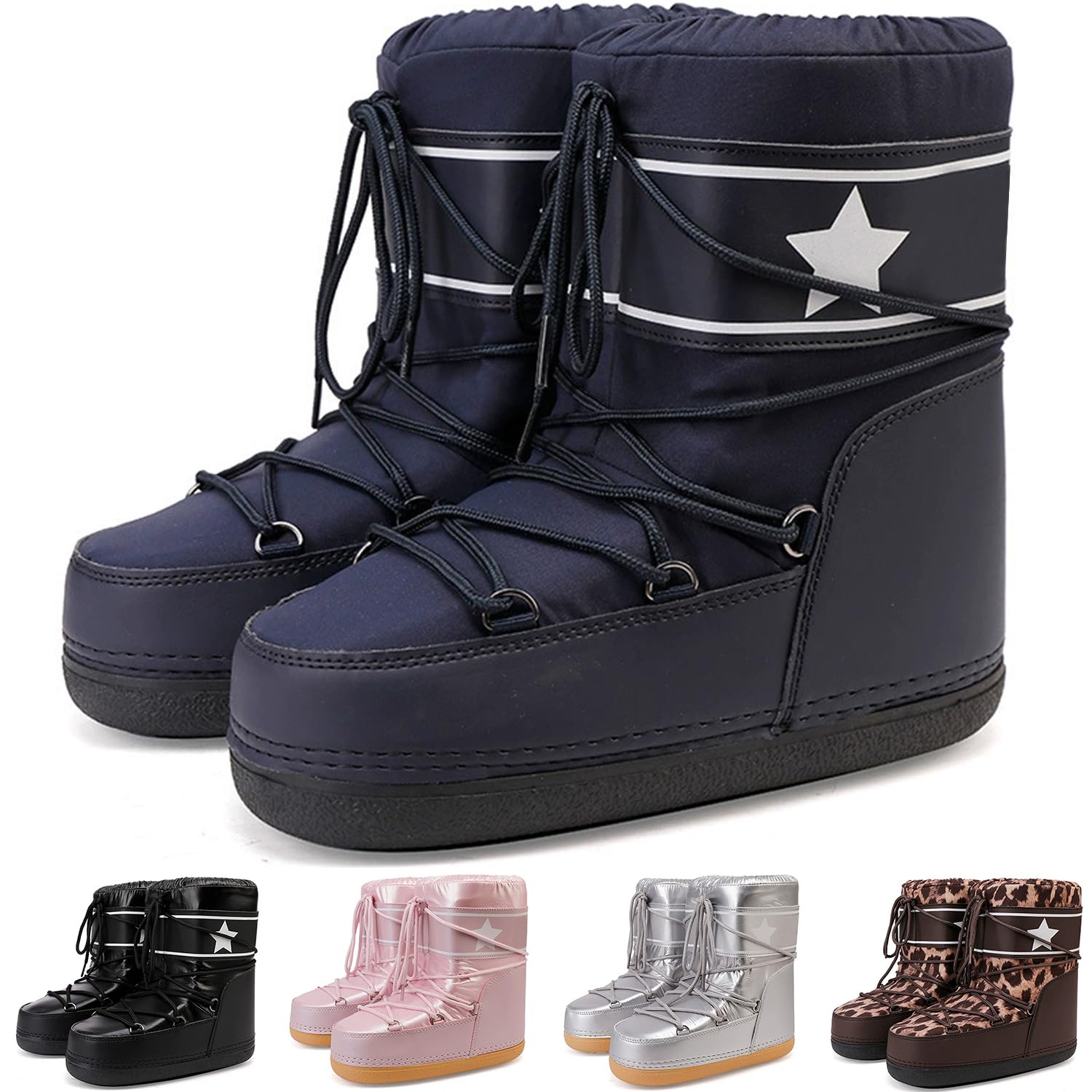 Fashion Platform Faux Fur Snow Boots for Womens Comfortable Warm Outdoor Indoor Non-Slip Lace-Up Mid Boots Winter