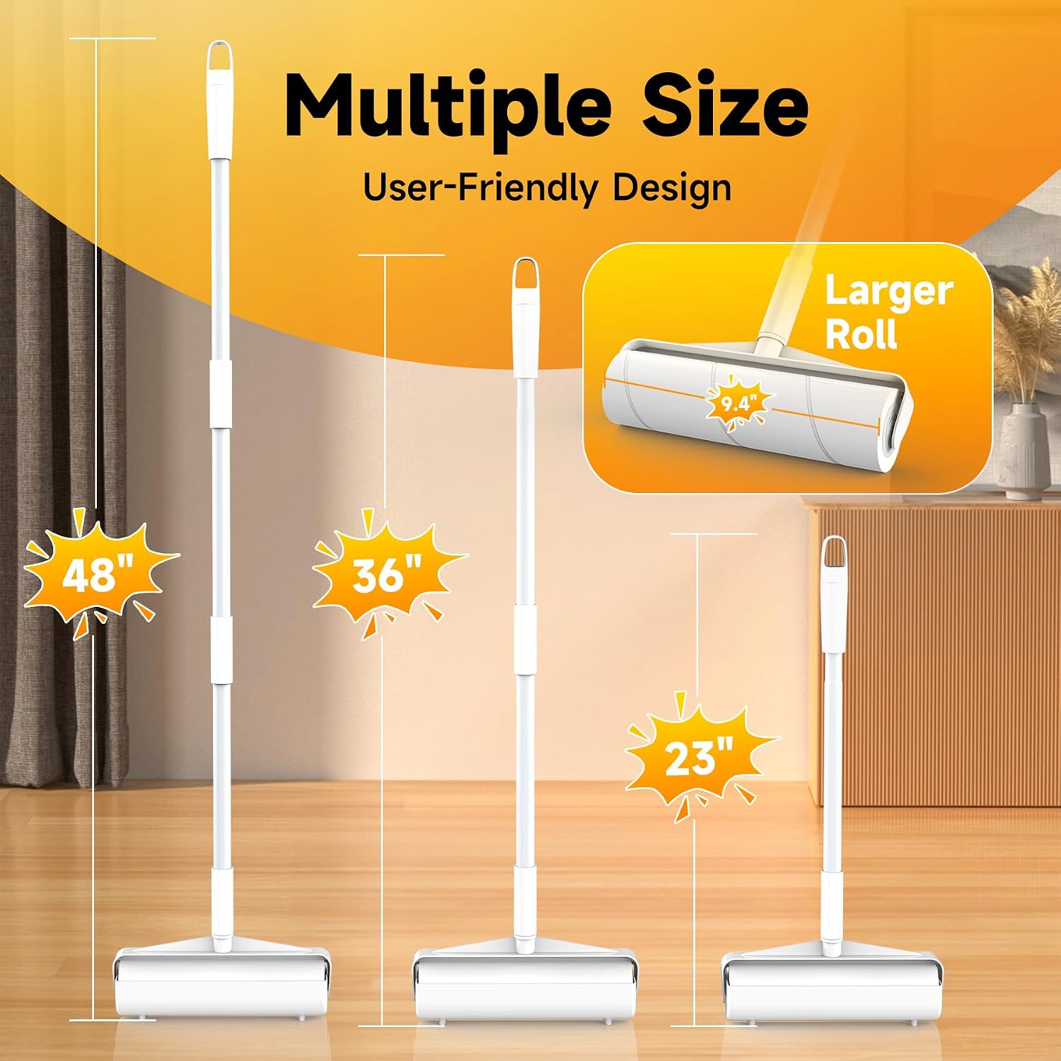 Large Floor Lint Roller with Extendable Long Handle, 9.45" Extra Wide Sticky Roller, 400 Sheets with 3 Refills, Heavy Duty Pet Hair Remover for Floor, Carpet, Couch & Hard-to-Reach Areas